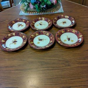 SET of 6 Nantucket Home RARE Ceramic Maroon Grapes Leaves 8" Salad Plates NICE!